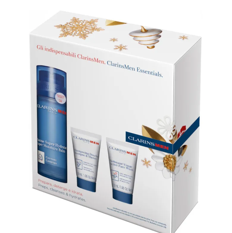 Baume Super Hydratant Confezione - Clarins Men 50 ML Balsamo Viso + 30 ML Gel Detergente Viso + 30 ML Doccia Shampoo