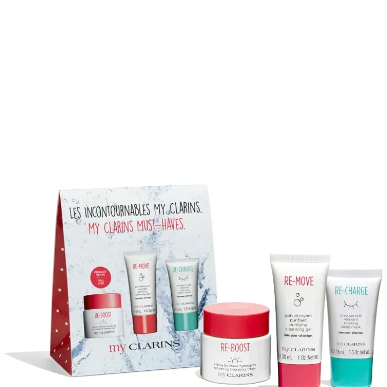 My Clarins - RE-BOOST Créme fraicheur Hydratante - Tutti i tipi di Pelle Confezione 50 ML Crema Viso + 15 ML Maschera Notte Viso + 30 ML Detergente Viso